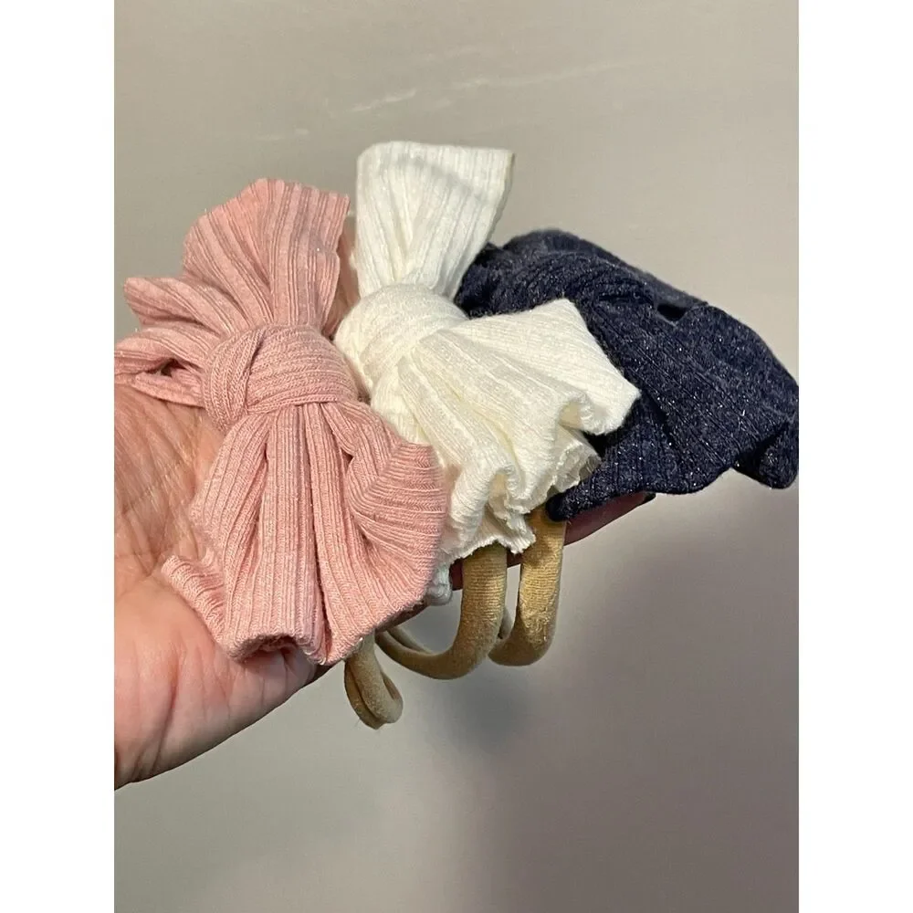 Boutique Hair Bow Nylon Headband Bundle of 3 | Baby Girl Blue Pink White OSFM